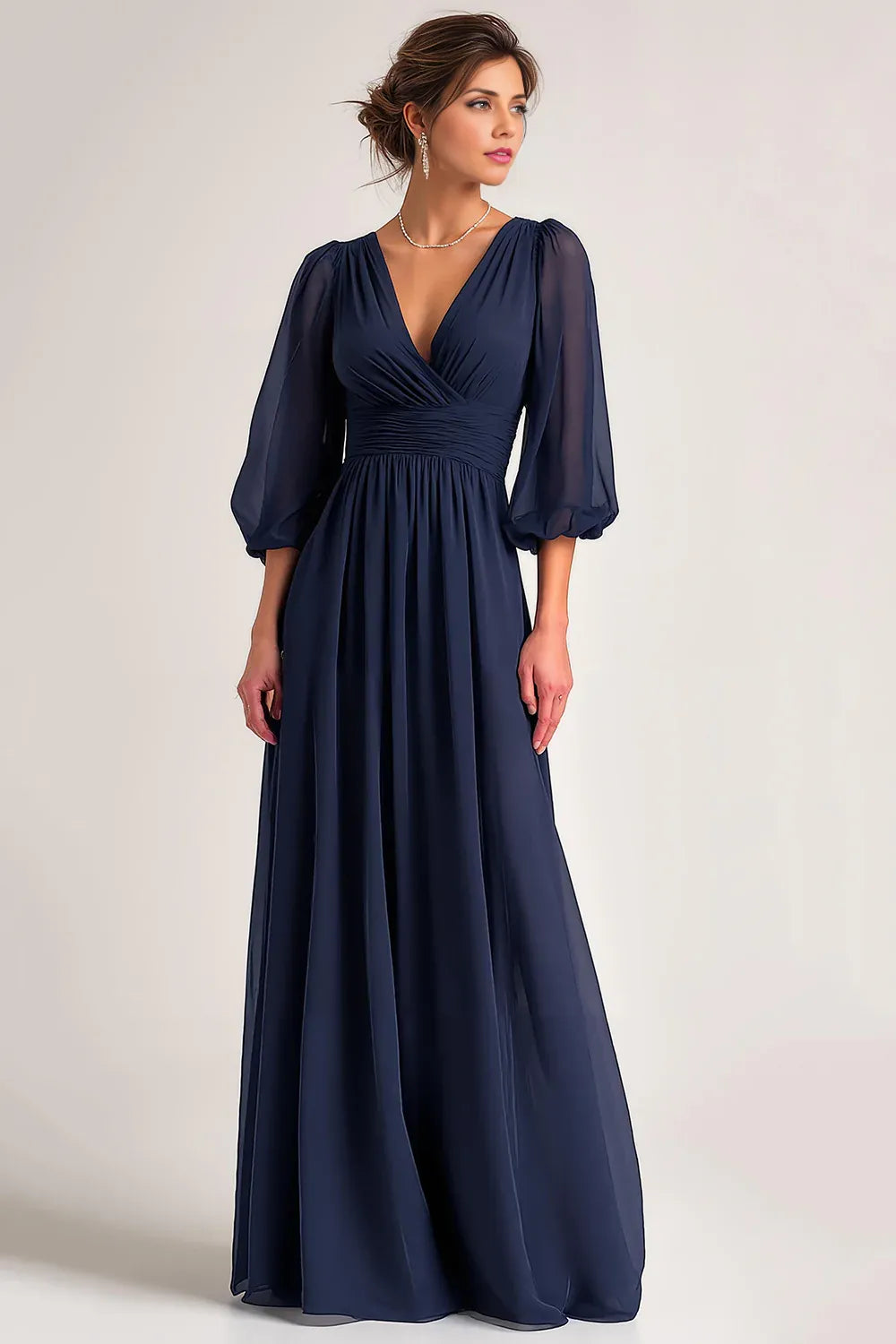 Simple A-Line V-Neck Long Sleeve V Back Floor-Length Mother of the Bride Dress