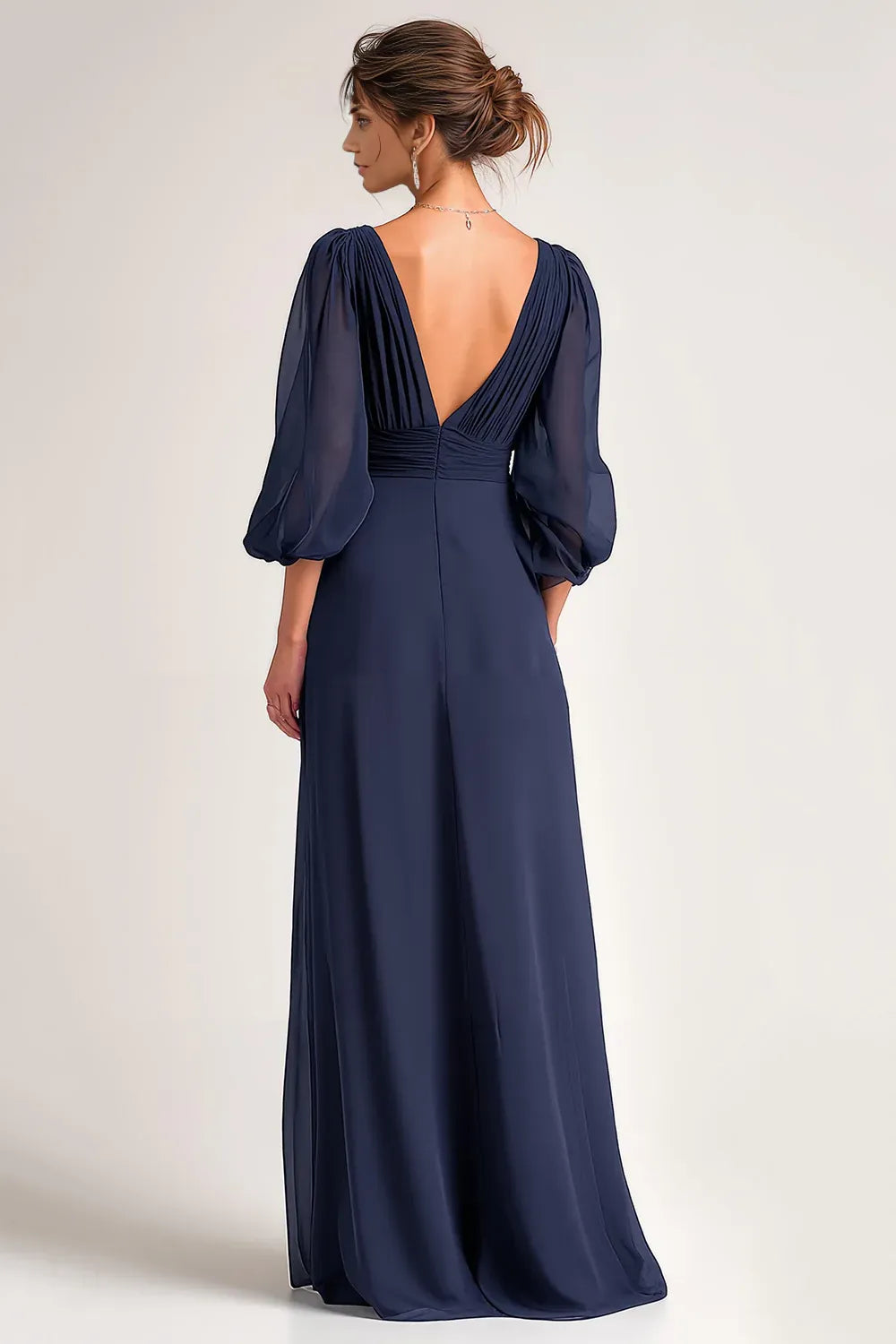 Simple A-Line V-Neck Long Sleeve V Back Floor-Length Mother of the Bride Dress
