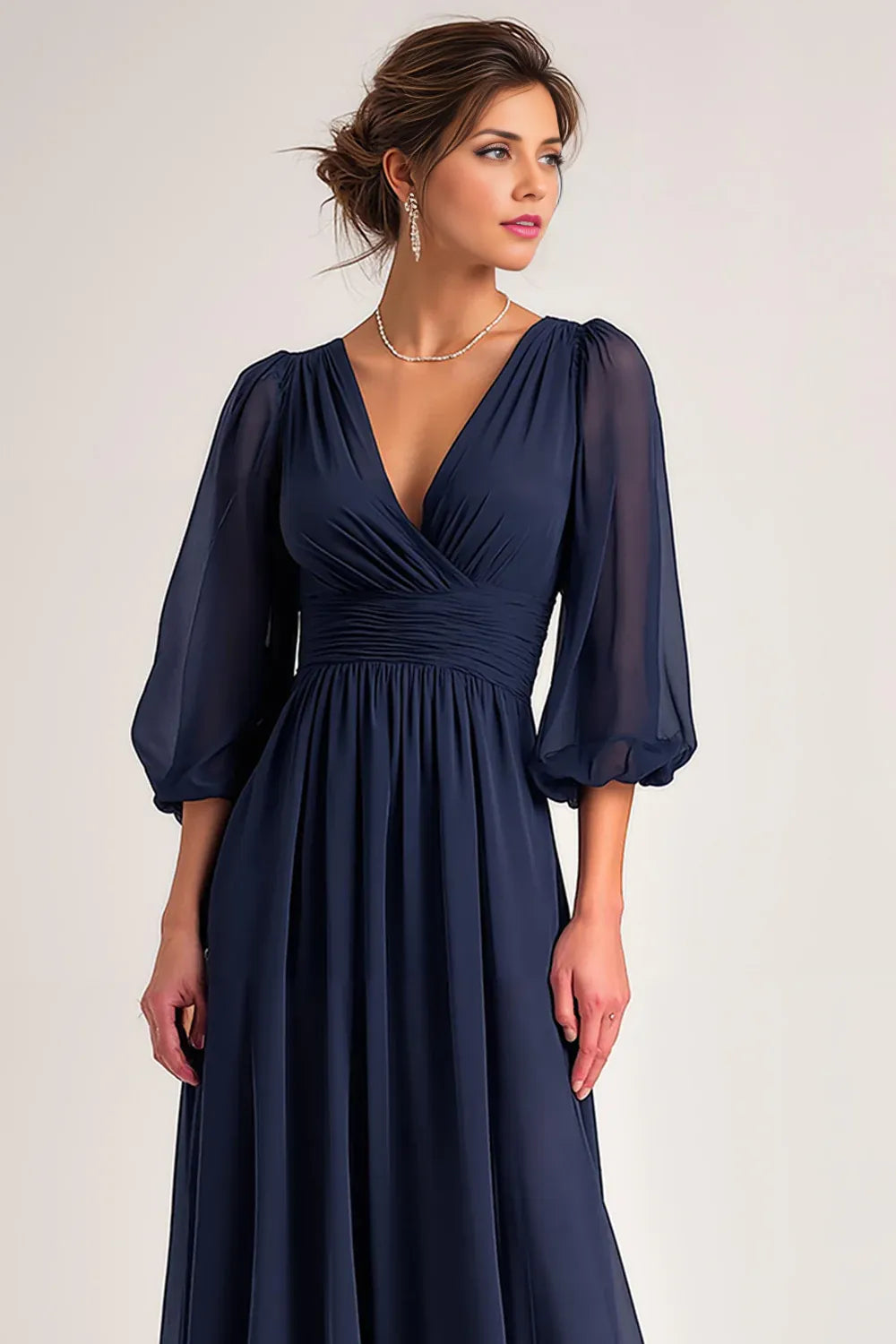 Simple A-Line V-Neck Long Sleeve V Back Floor-Length Mother of the Bride Dress