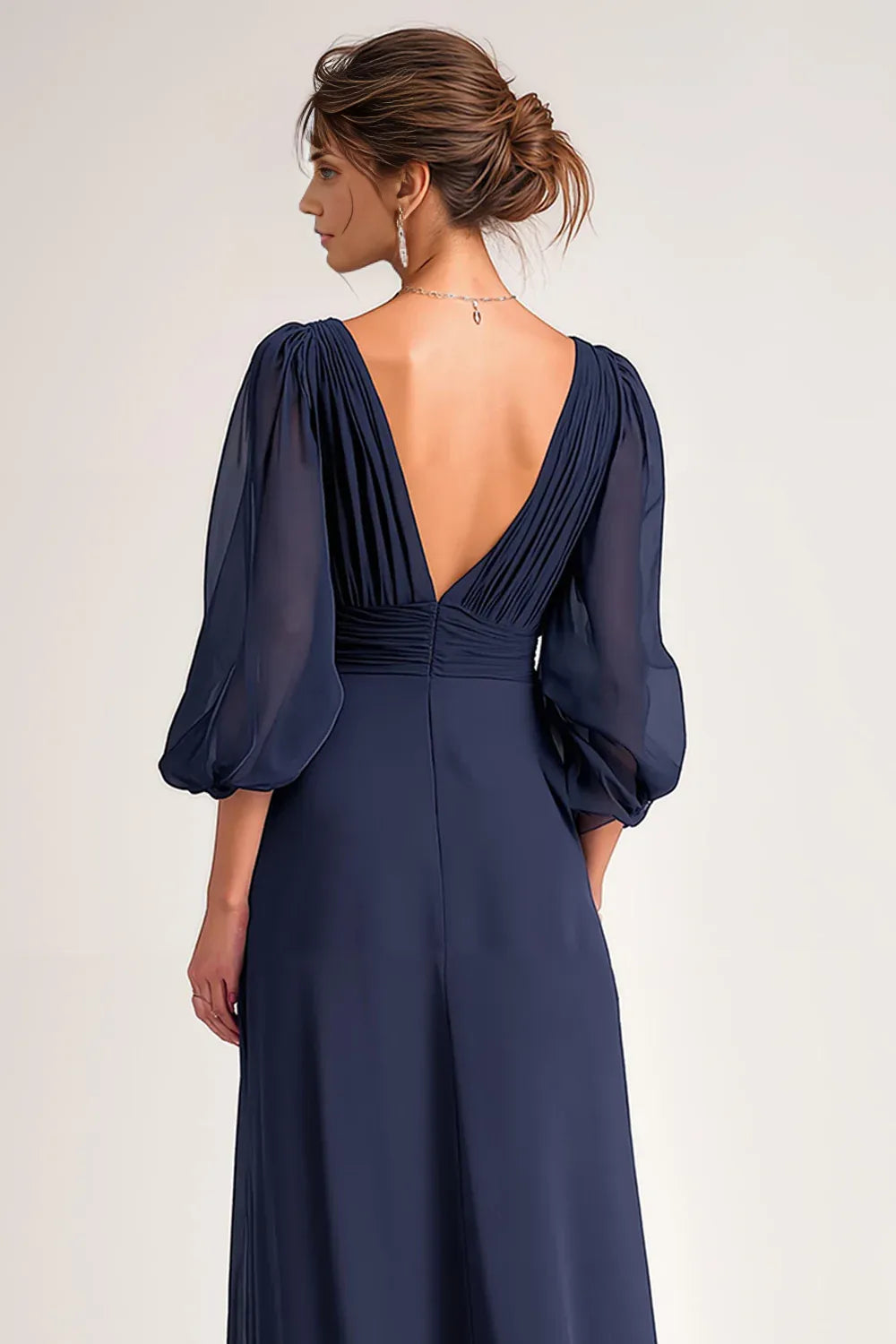 Simple A-Line V-Neck Long Sleeve V Back Floor-Length Mother of the Bride Dress
