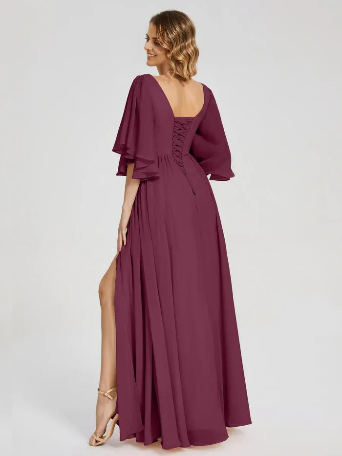 Simple A-Line V-neck Half Sleeves Chiffon Floor-Length Mother of the Bride Dress