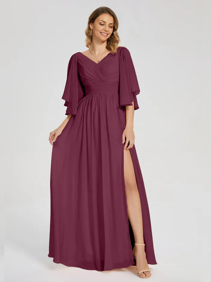 Simple A-Line V-neck Half Sleeves Chiffon Floor-Length Mother of the Bride Dress