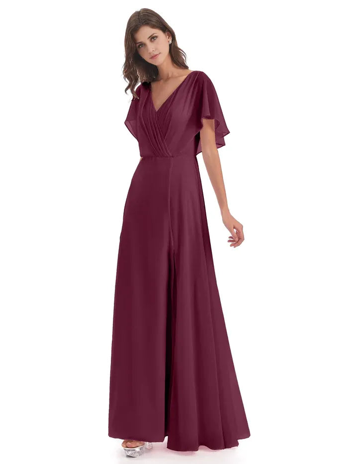 Simple A-Line V-neck Short Sleeves Chiffon Floor-Length Mother of the Bride Dress