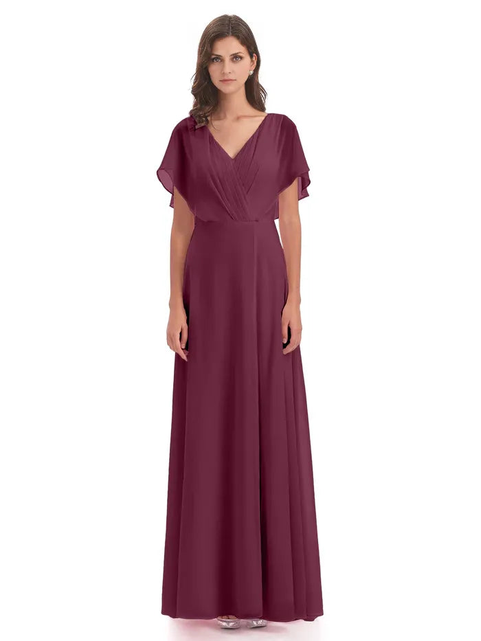 Simple A-Line V-neck Short Sleeves Chiffon Floor-Length Mother of the Bride Dress