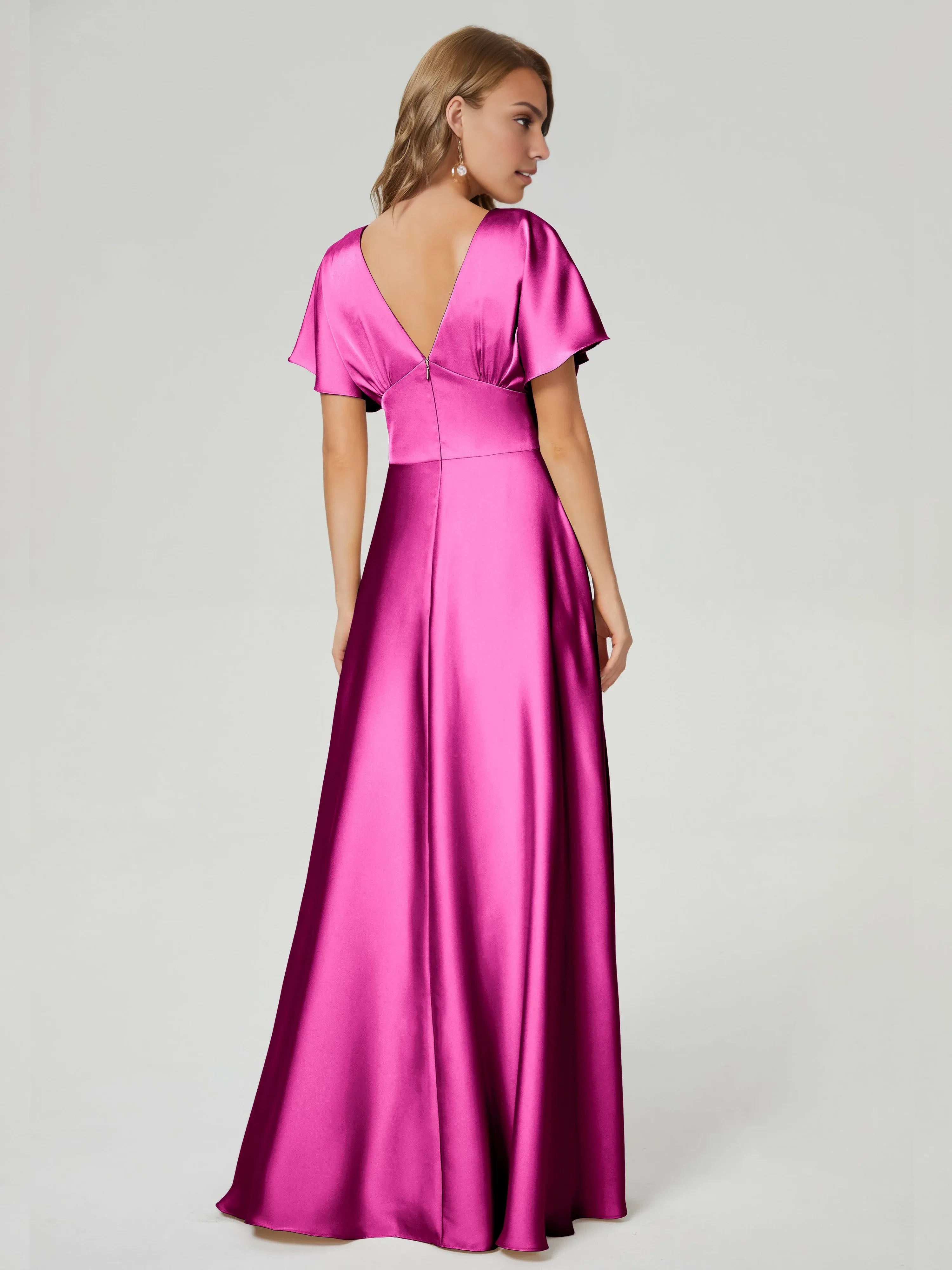 Simple A-Line V-neck Short Sleeves V Back Floor-Length Prom Dress