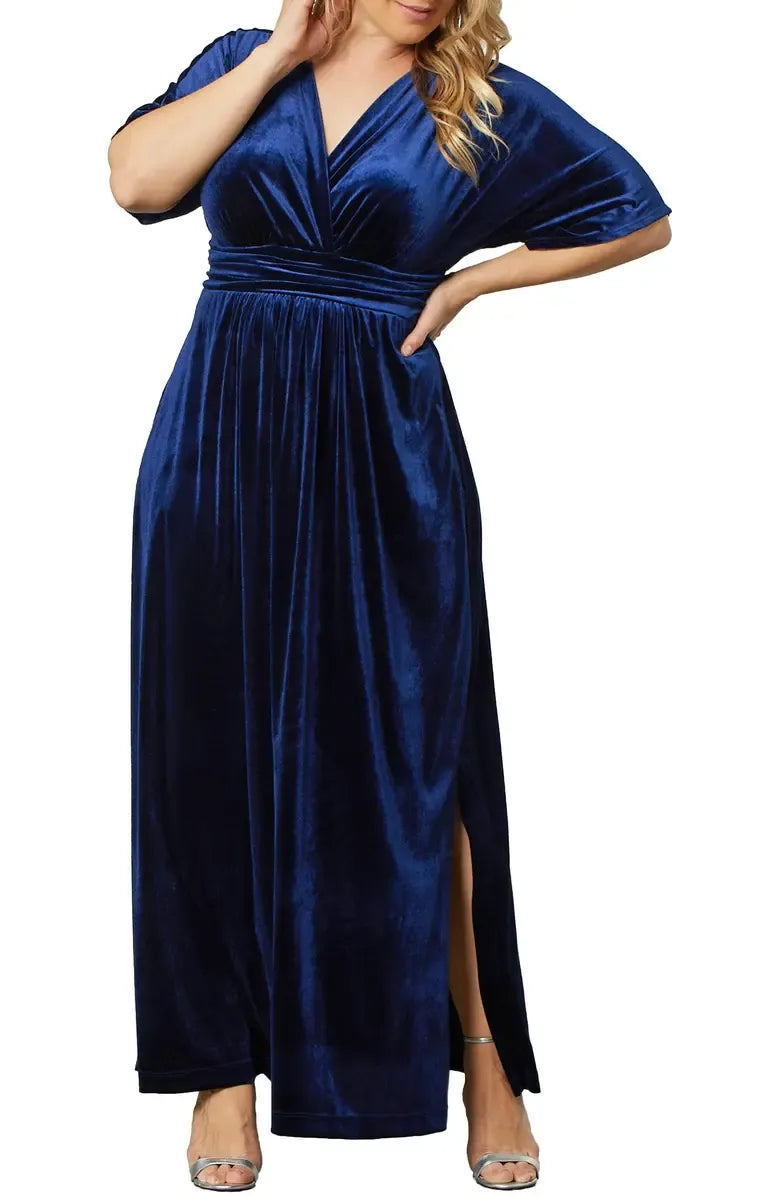 Simple A-Line V-neck Short Sleeves Velvet Floor-Length Plus Size Mother of the Bride Dress