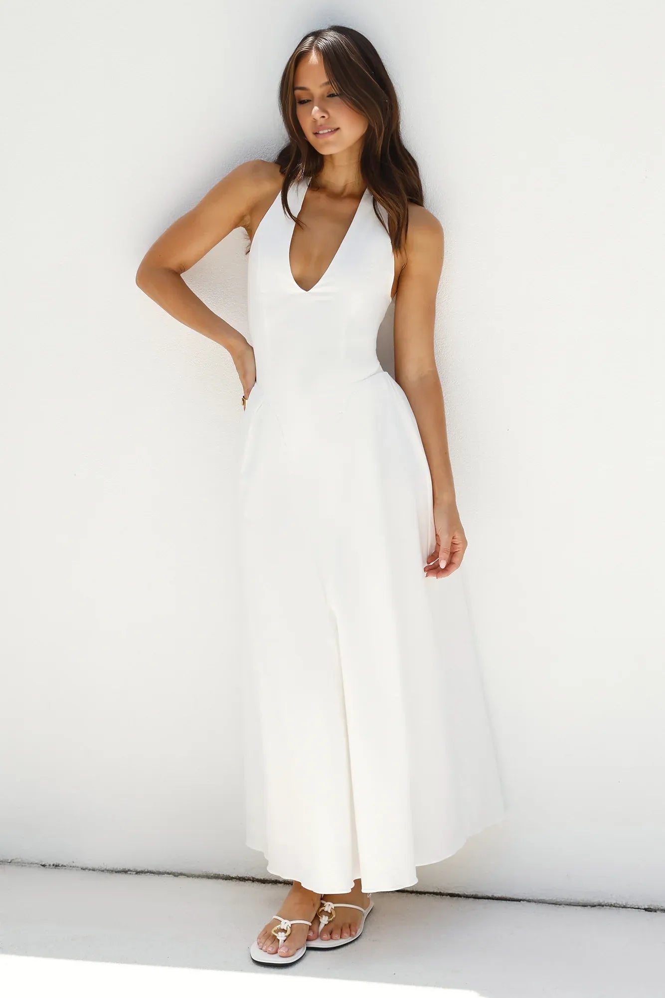 Simple A-Line V Halter Neck Sleeveless Open Back Ankle-Length Cocktail Dress