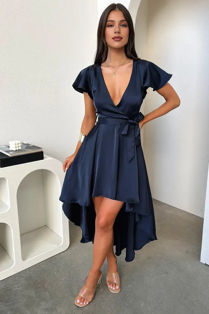 Simple A-Line V Neck Cap Sleeve Pleated Ruffles Satin Floor Length Prom Dress