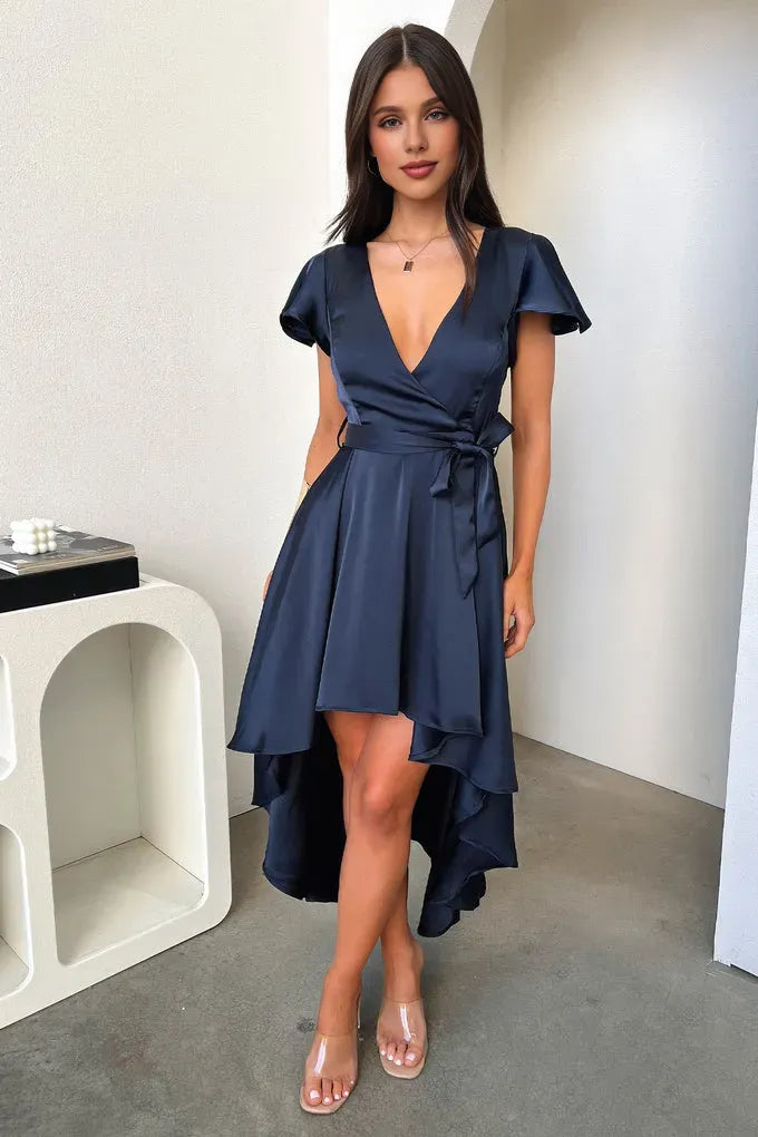 Simple A-Line V Neck Cap Sleeve Pleated Ruffles Satin Floor Length Prom Dress