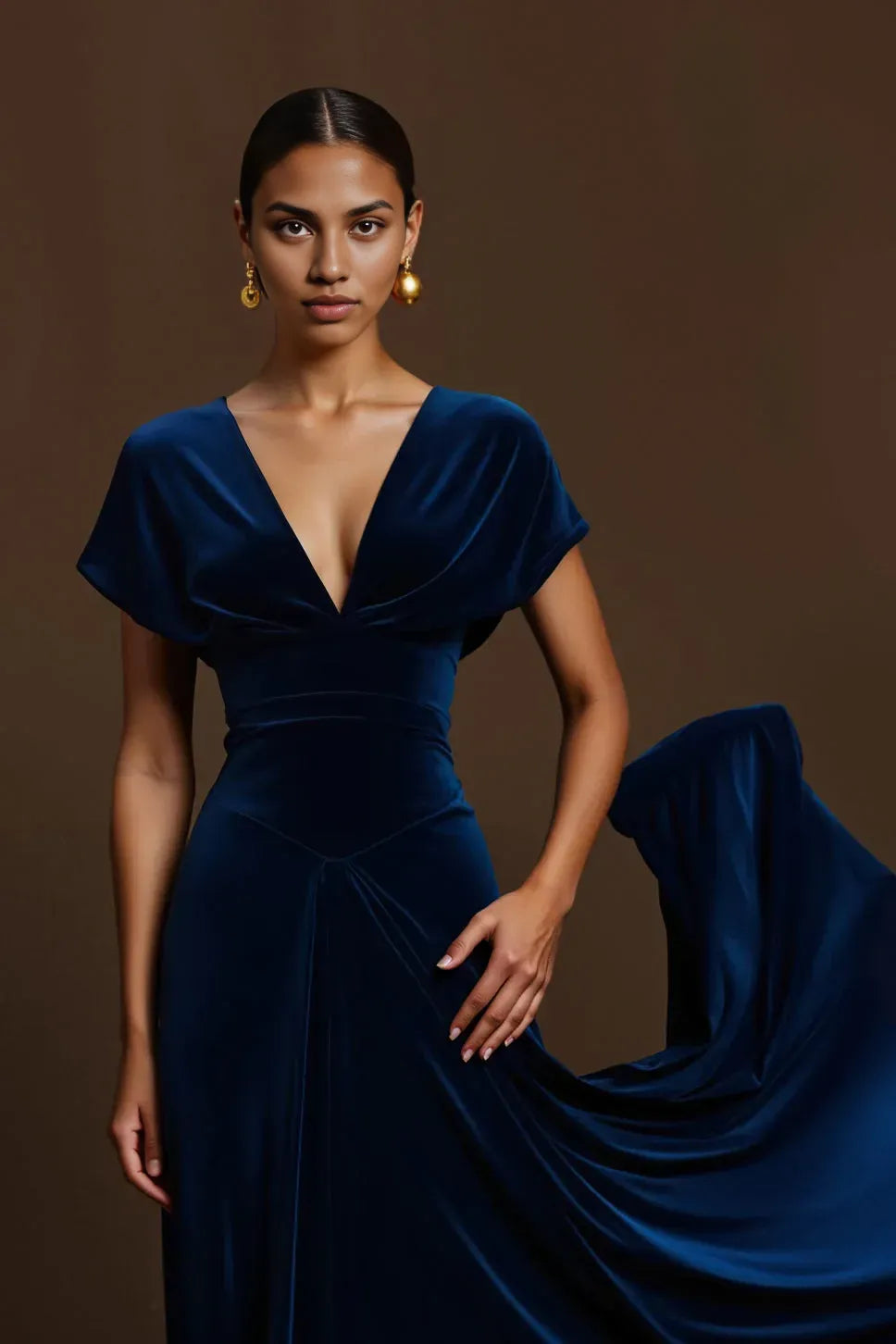 Simple A-Line V Neck Cap Sleeves Velvet Floor-Length Evening Dress