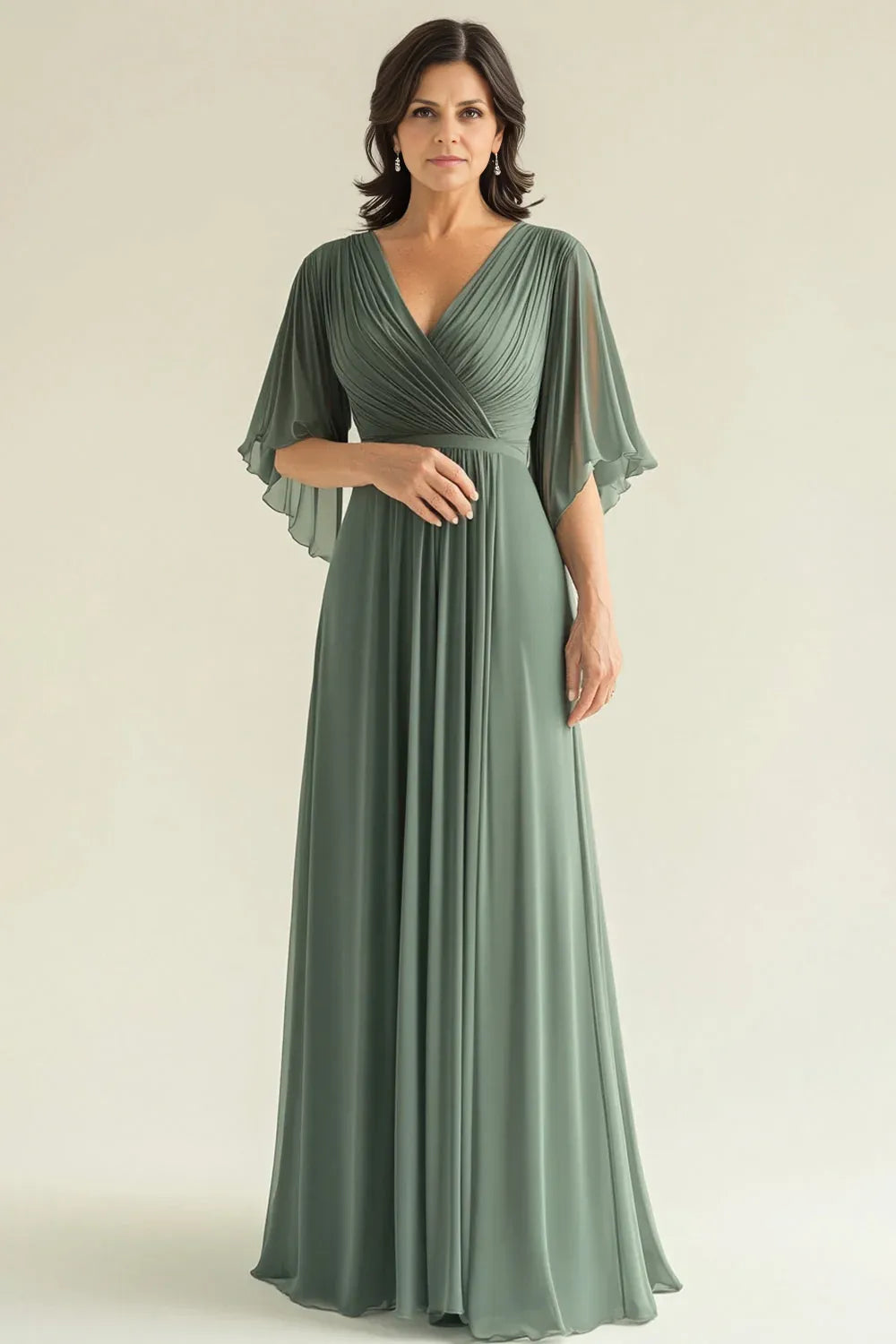 Simple A-Line V Neck Flare Sleeves Solid Color Floor-Length Mother of the Bride Dress