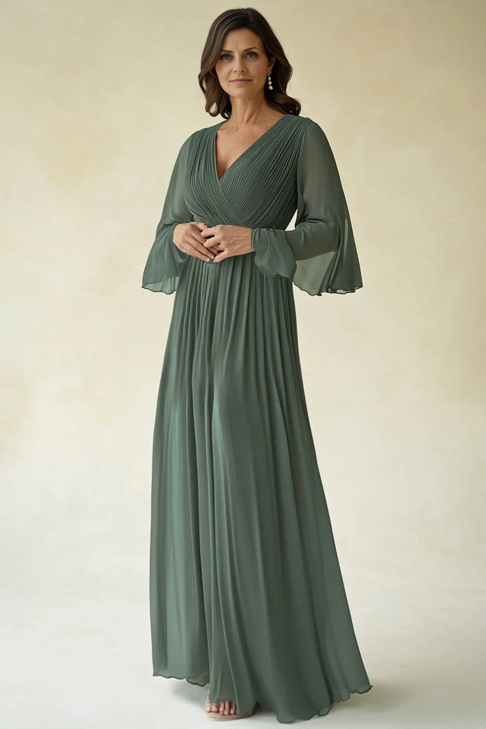 Simple A-Line V Neck Flare Sleeves Solid Color Floor-Length Mother of the Bride Dress