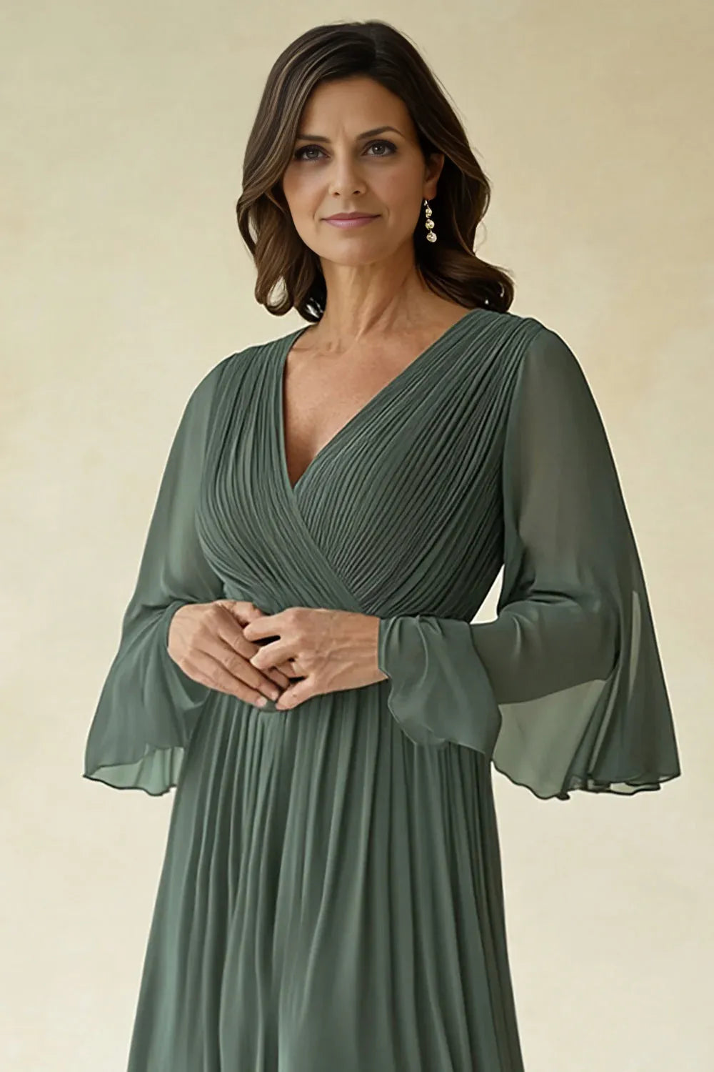 Simple A-Line V Neck Flare Sleeves Solid Color Floor-Length Mother of the Bride Dress