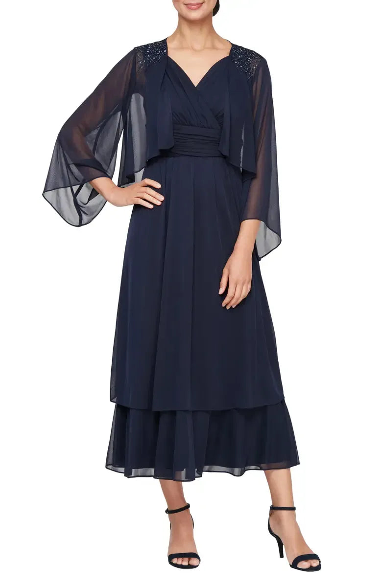 Simple A-Line V Neck Flutter Sleeve Chiffon Tea-Length Mother of the Bride Dress