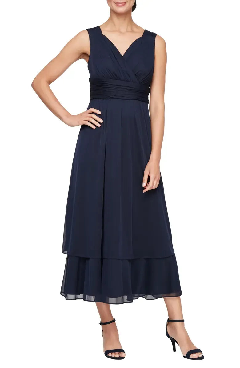 Simple A-Line V Neck Flutter Sleeve Chiffon Tea-Length Mother of the Bride Dress