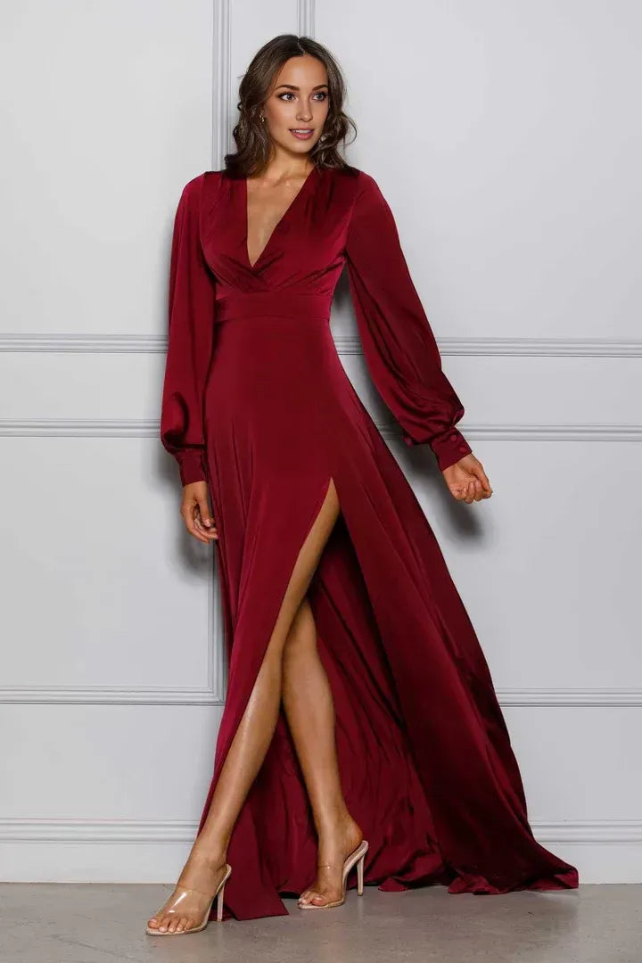 Simple A-Line V Neck Long Sleeve Satin Sweep/Brush Train Prom Dress