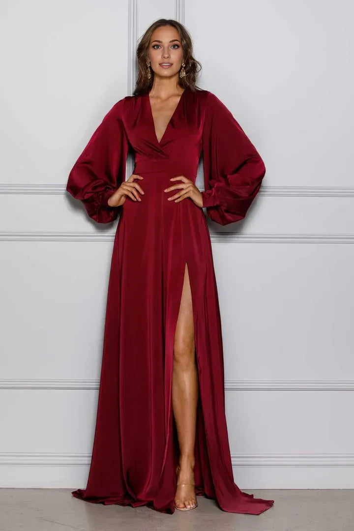 Simple A-Line V Neck Long Sleeve Satin Sweep/Brush Train Prom Dress
