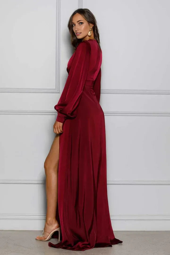 Simple A-Line V Neck Long Sleeve Satin Sweep/Brush Train Prom Dress