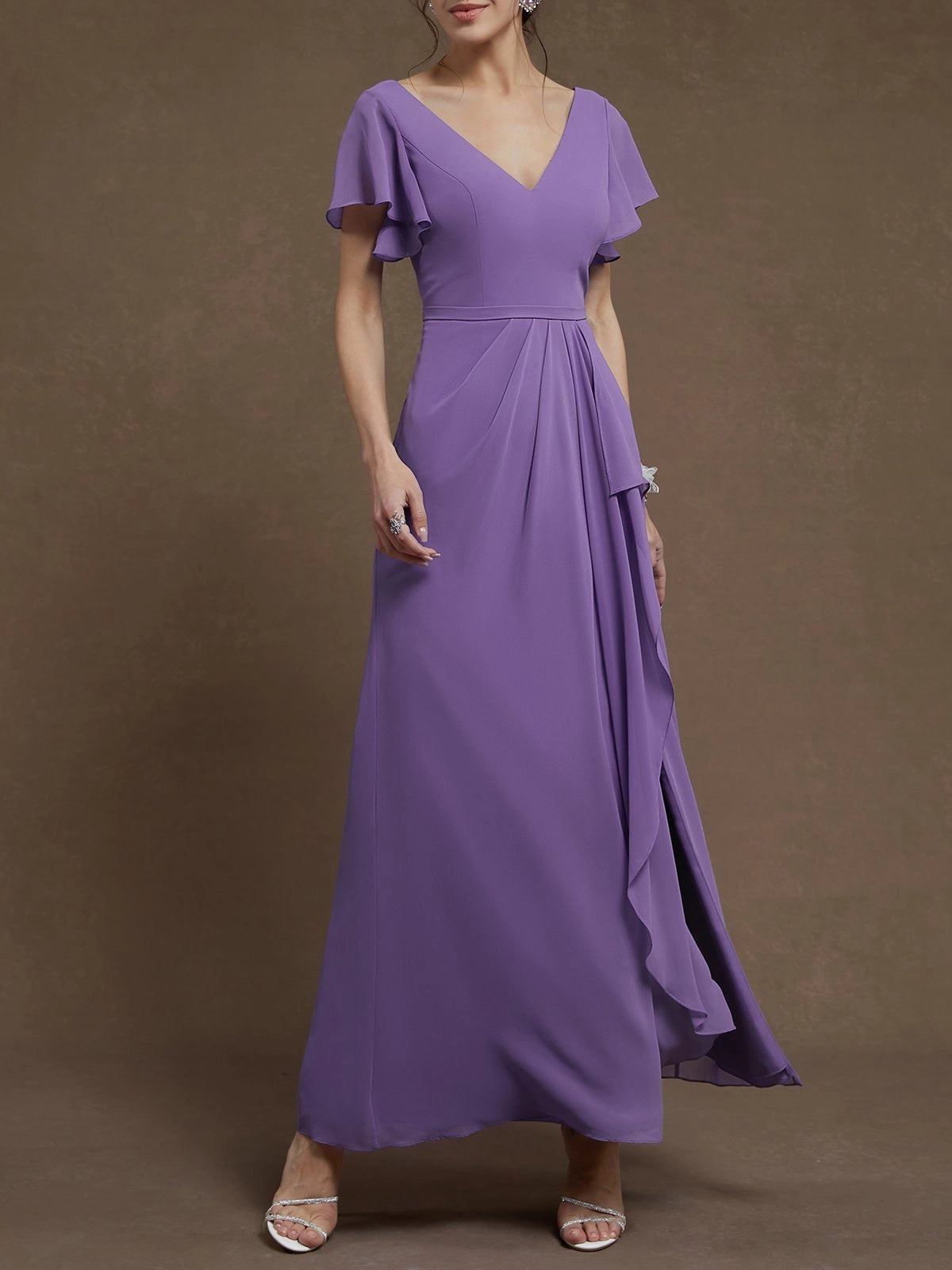 Simple A-Line V Neck Ruffle Sleeve Zipper Up Floor-Length Prom Dress