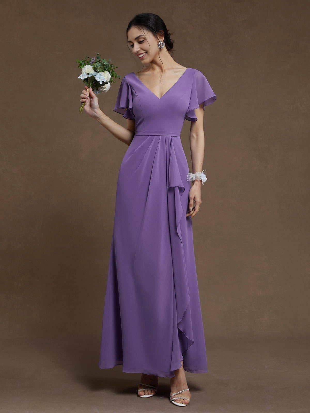 Simple A-Line V Neck Ruffle Sleeve Zipper Up Floor-Length Prom Dress