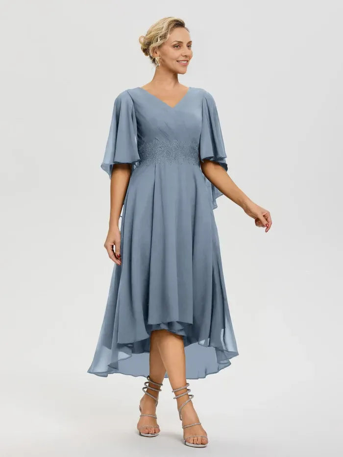 Simple A-Line V Neck Ruffle Sleeves Chiffon High-Low Mother of the Bride Dress