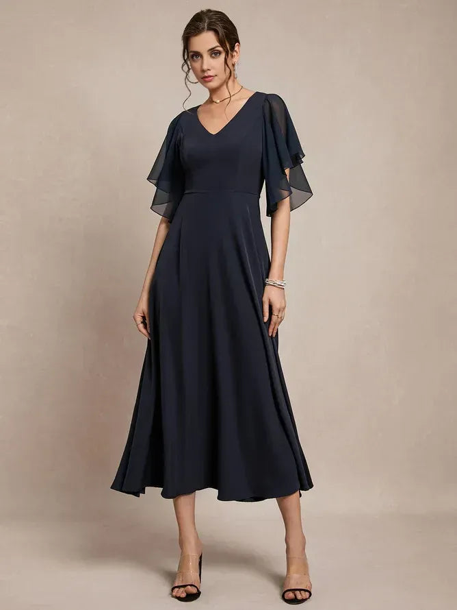 Simple A-Line V Neck Short Sleeve Back Zip Ankle-Length Evening Dress