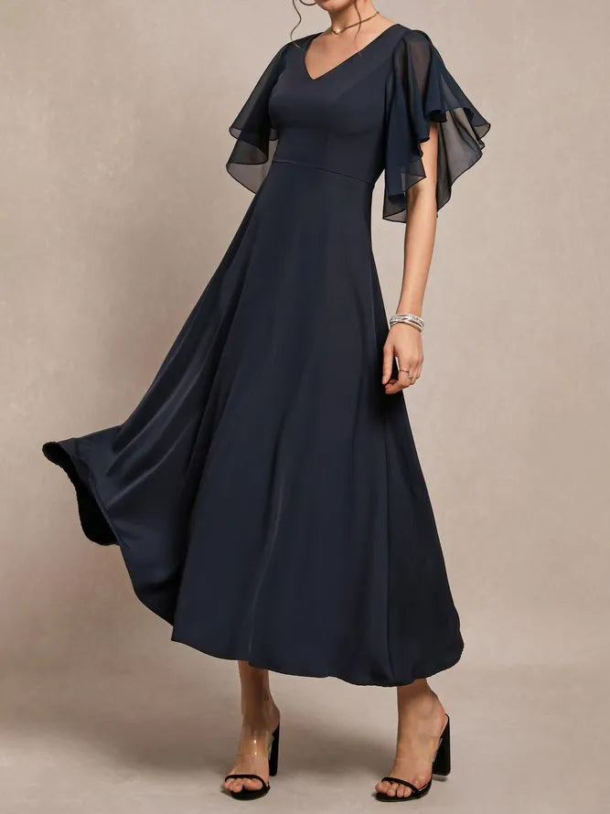 Simple A-Line V Neck Short Sleeve Back Zip Ankle-Length Evening Dress