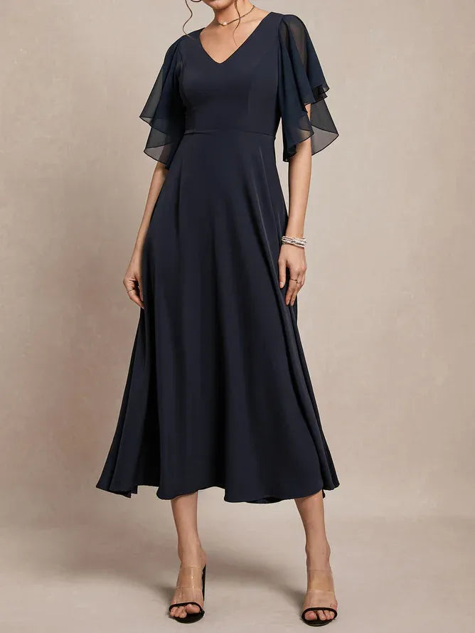 Simple A-Line V Neck Short Sleeve Back Zip Ankle-Length Evening Dress