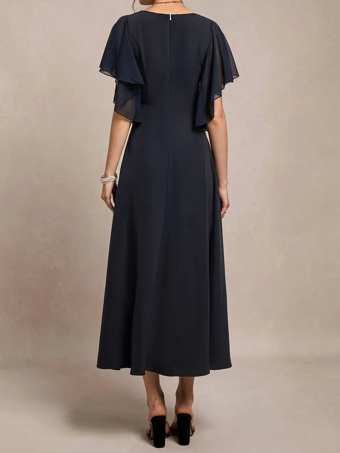 Simple A-Line V Neck Short Sleeve Back Zip Ankle-Length Evening Dress