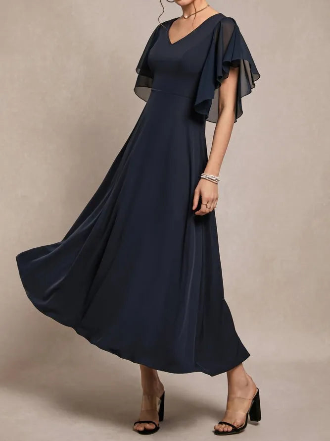 Simple A-Line V Neck Short Sleeve Back Zip Ankle-Length Evening Dress