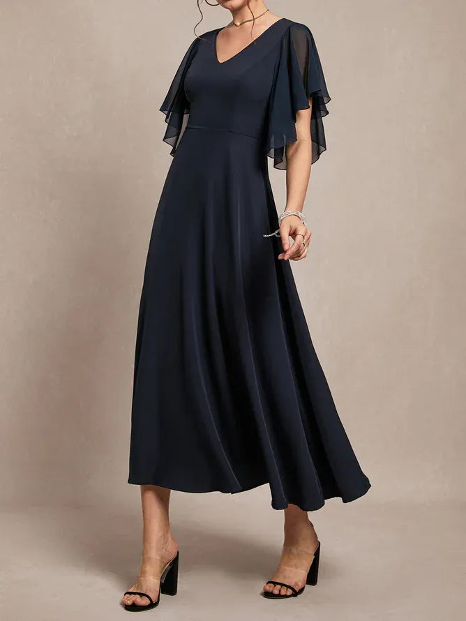 Simple A-Line V Neck Short Sleeve Back Zip Ankle-Length Evening Dress