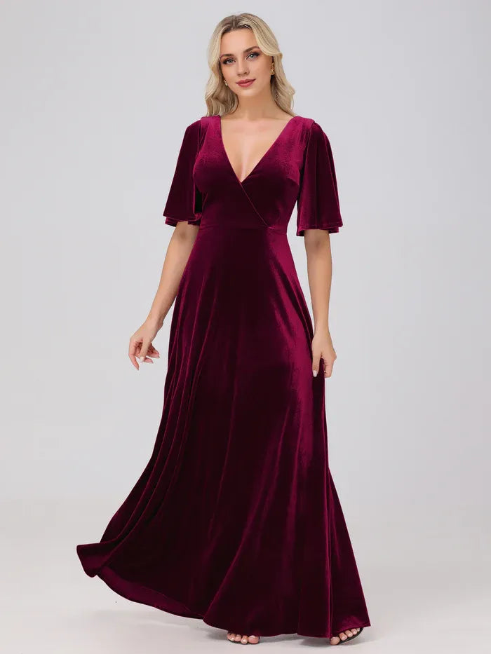Simple A-Line V Neck Short Sleeves Velvet Floor Length Mother of the Bride Dress