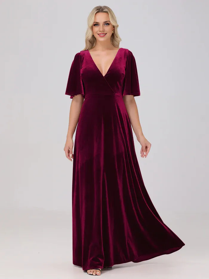 Simple A-Line V Neck Short Sleeves Velvet Floor Length Mother of the Bride Dress