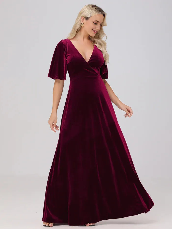 Simple A-Line V Neck Short Sleeves Velvet Floor Length Mother of the Bride Dress