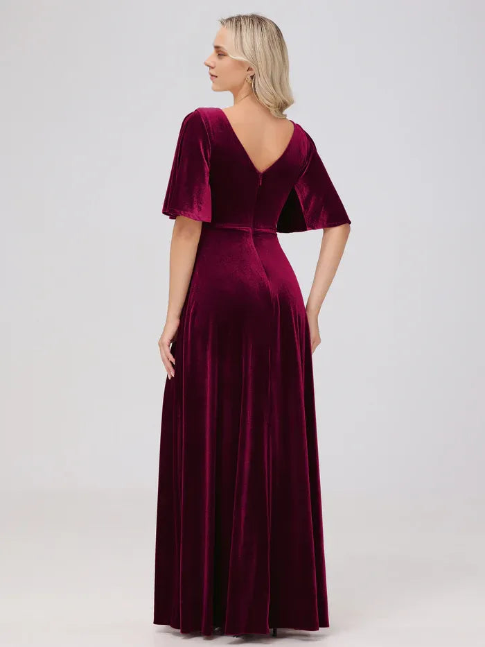 Simple A-Line V Neck Short Sleeves Velvet Floor Length Mother of the Bride Dress
