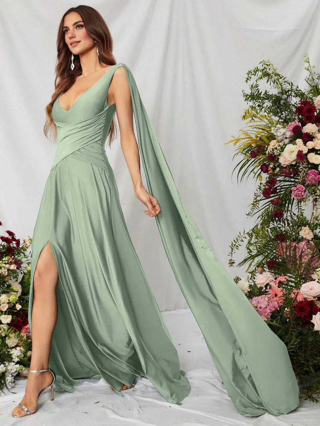 Simple A-Line V Neck Sleeveless Backless Sweep/Brush Train Prom Dress
