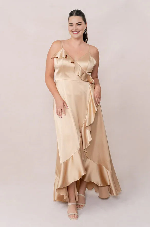 Simple A-Line V Neck Sleeveless Satin Floor-Length Plus Size Prom Dress