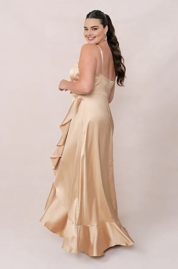 Simple A-Line V Neck Sleeveless Satin Floor-Length Plus Size Prom Dress