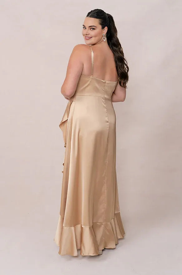 Simple A-Line V Neck Sleeveless Satin Floor-Length Plus Size Prom Dress