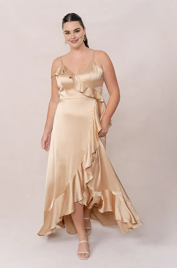 Simple A-Line V Neck Sleeveless Satin Floor-Length Plus Size Prom Dress