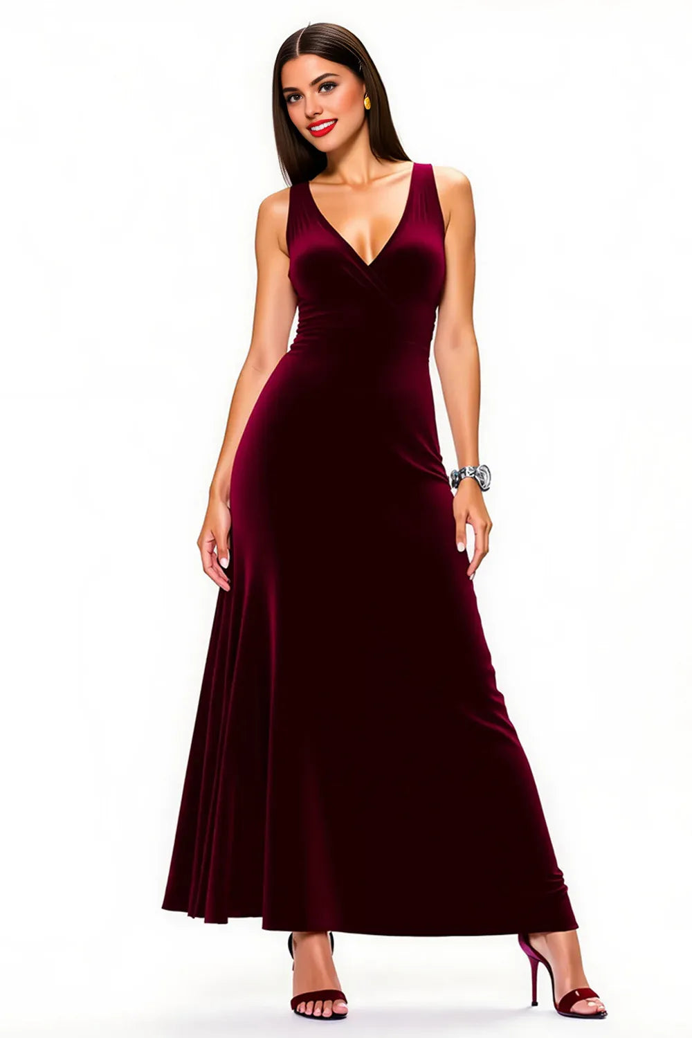 Simple A-Line V Neck Sleeveless Velvet Floor-Length Prom Dress