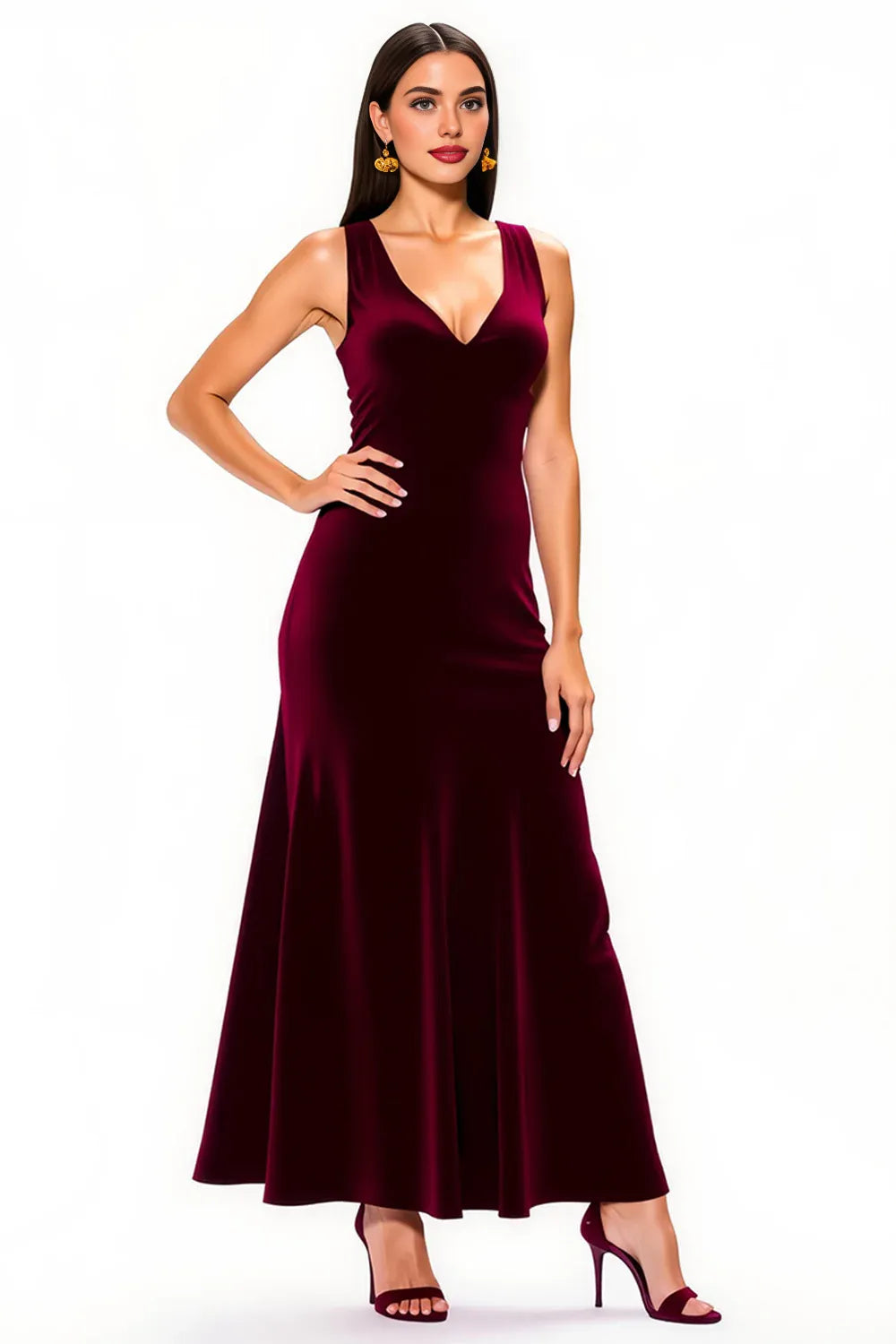Simple A-Line V Neck Sleeveless Velvet Floor-Length Prom Dress