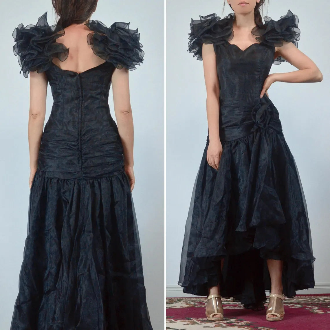 Robe de bal trapèze simple en tulle, longueur cheville, sans manches, à volants, décolleté en cœur 