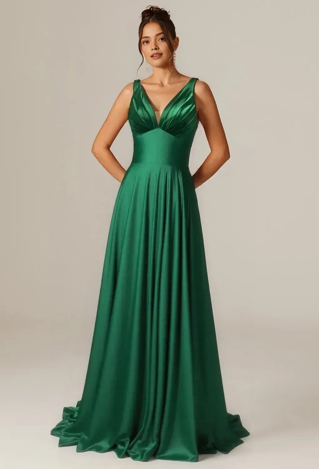Simple A-line V-Neck Sleeveless Pleated Satin Backless Floor Length Prom Dress