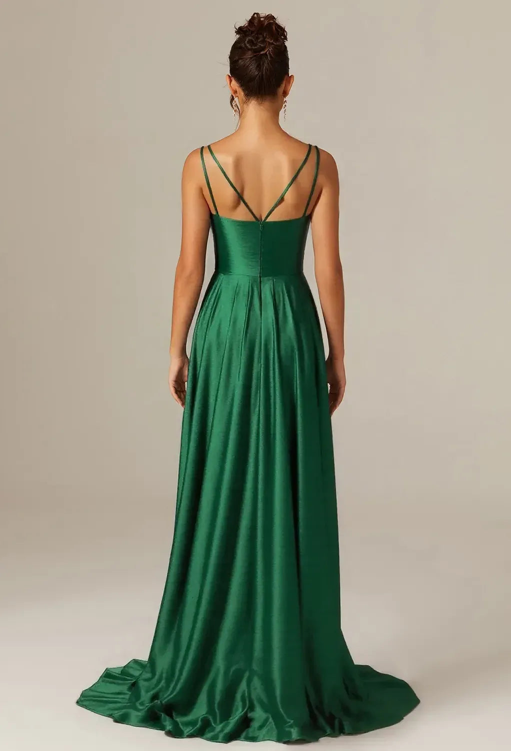 Simple A-line V-Neck Sleeveless Pleated Satin Backless Floor Length Prom Dress