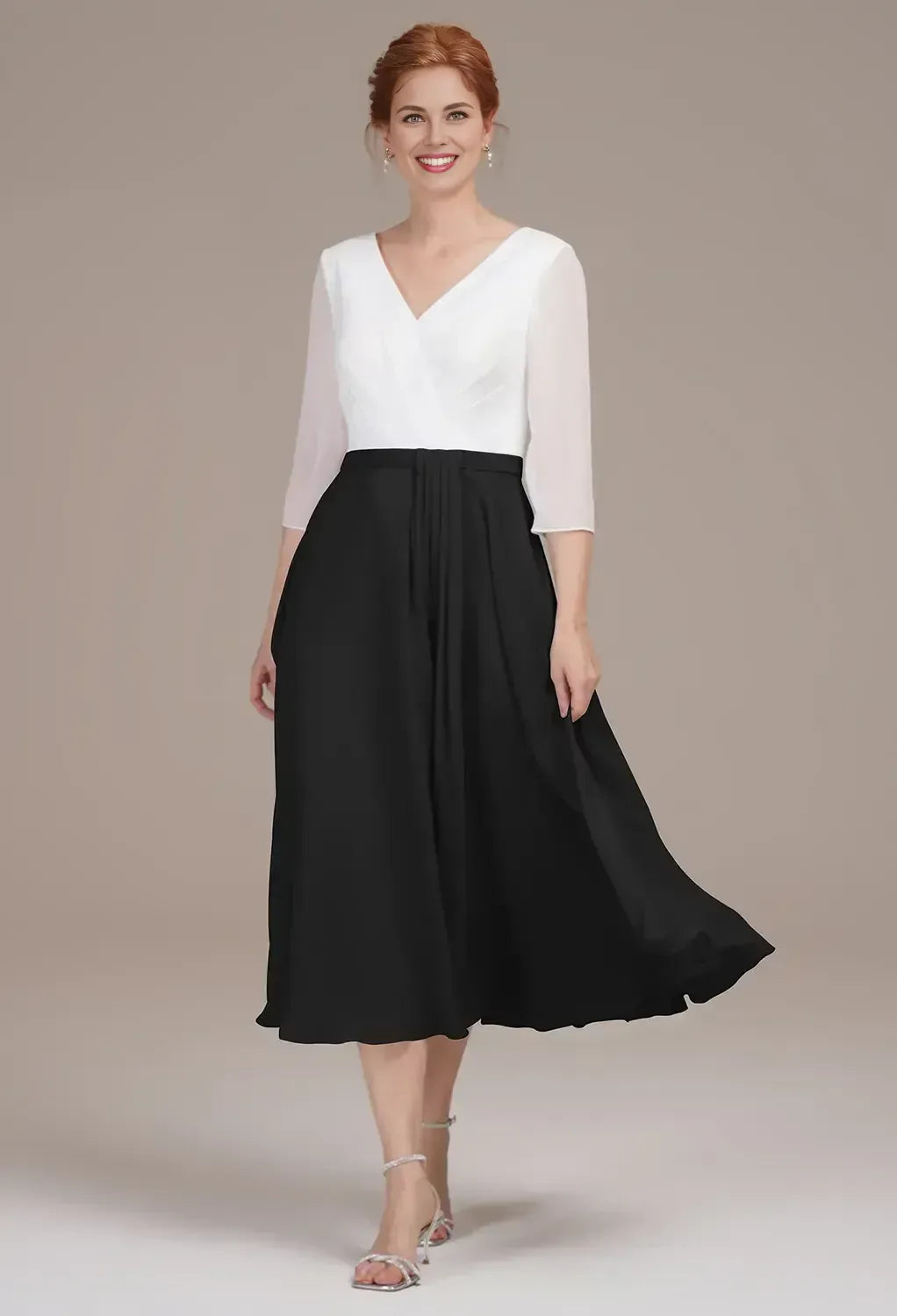 Simple A-line V Neck 3/4 Sleeves Pleated Chiffon Tea Length Mother of the Bride Dress