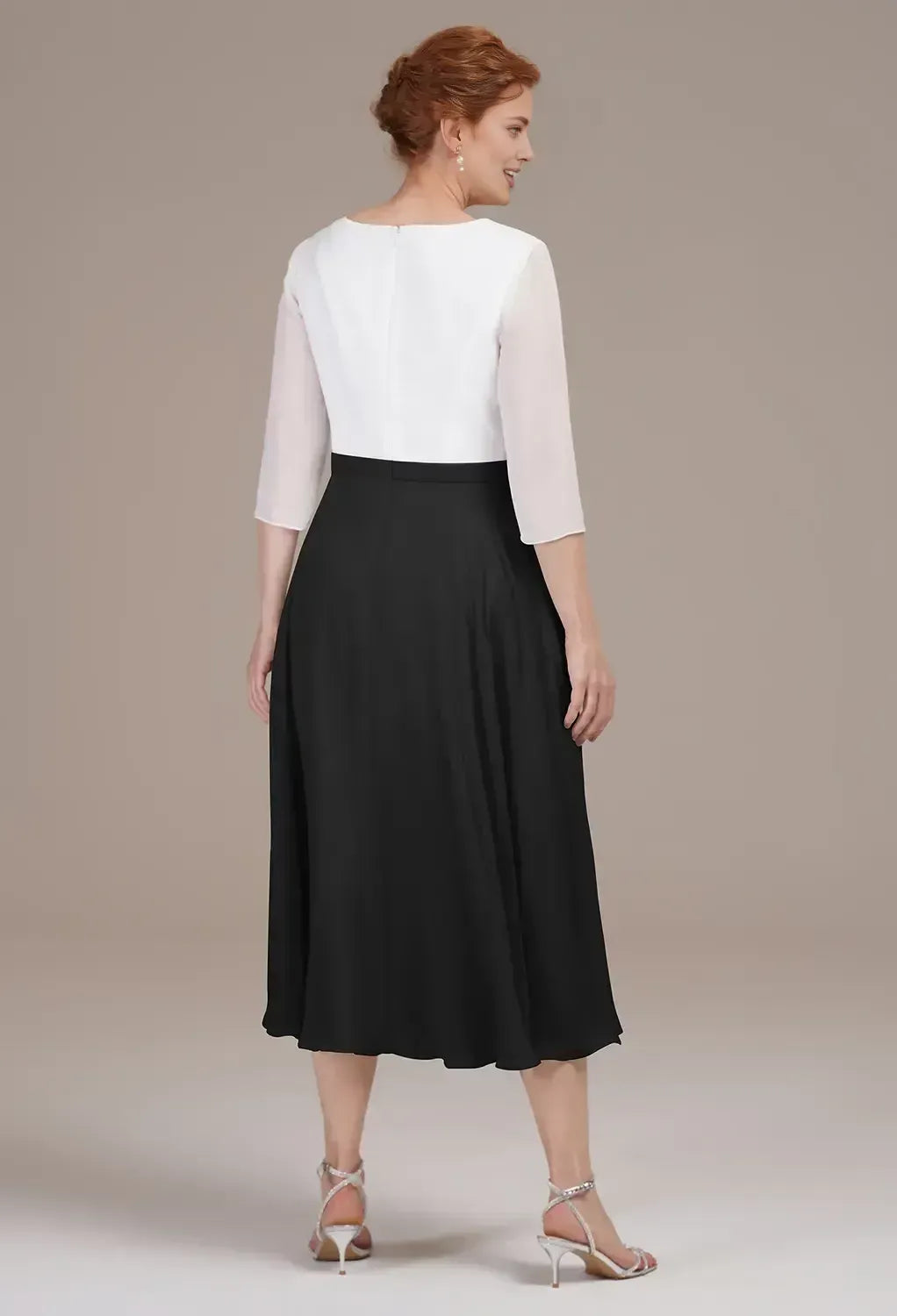 Simple A-line V Neck 3/4 Sleeves Pleated Chiffon Tea Length Mother of the Bride Dress