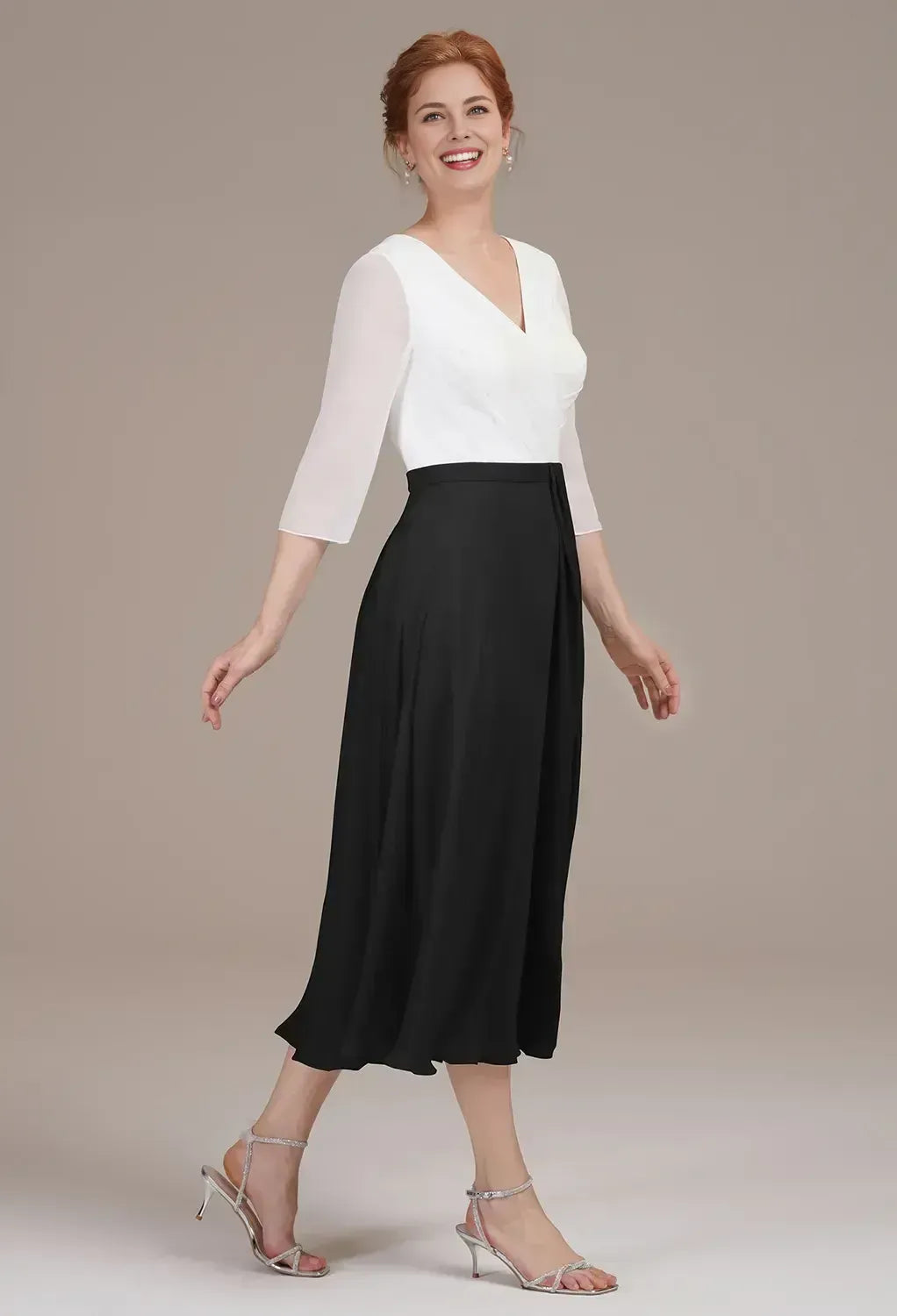 Simple A-line V Neck 3/4 Sleeves Pleated Chiffon Tea Length Mother of the Bride Dress