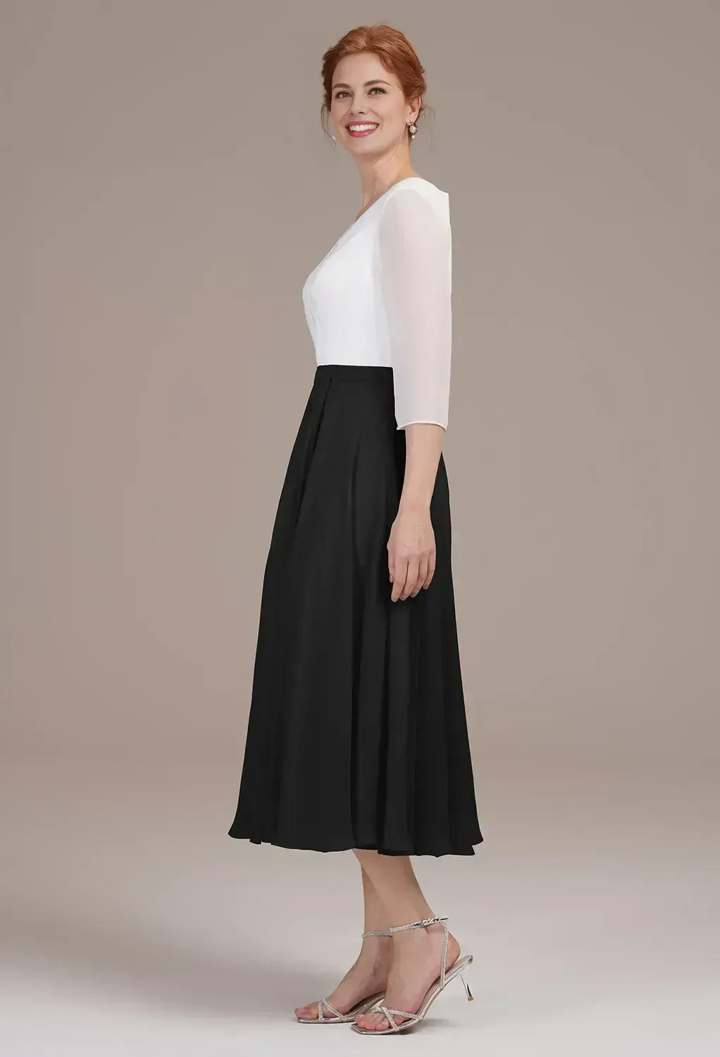 Simple A-line V Neck 3/4 Sleeves Pleated Chiffon Tea Length Mother of the Bride Dress