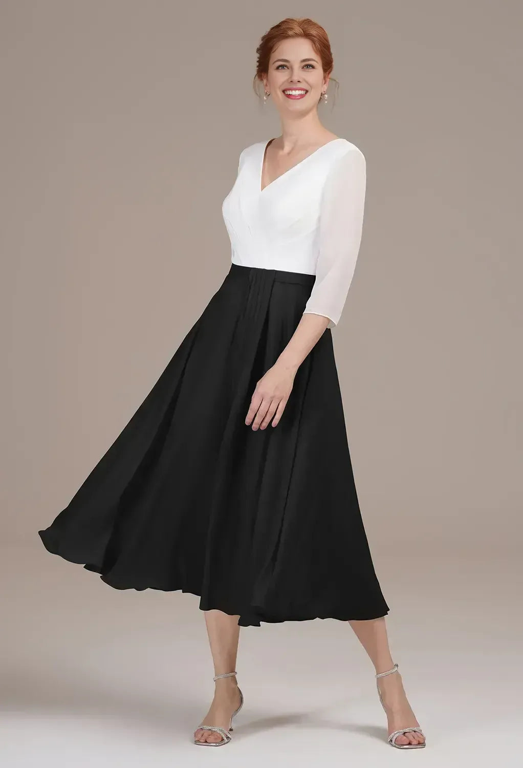 Simple A-line V Neck 3/4 Sleeves Pleated Chiffon Tea Length Mother of the Bride Dress